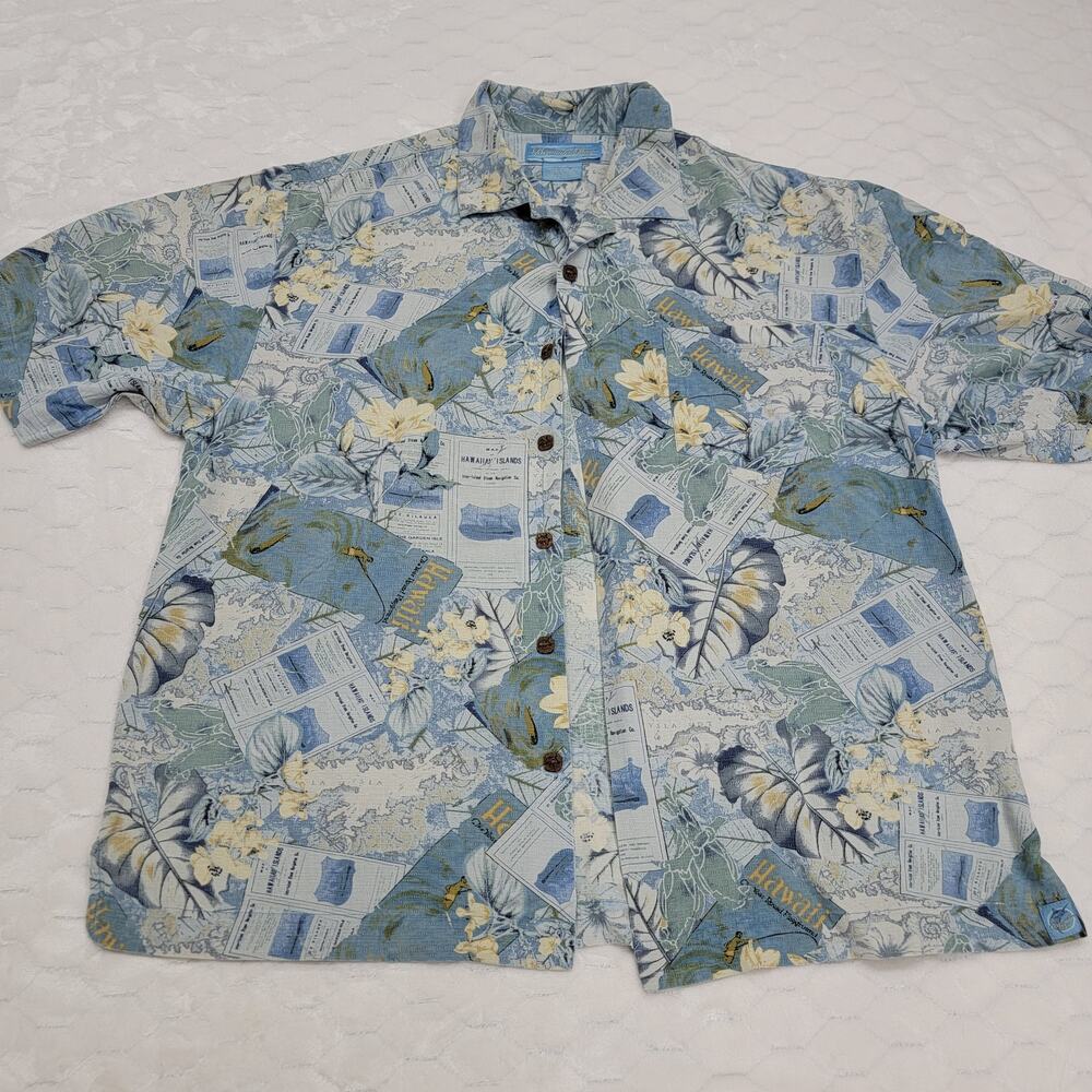 Bermuda Bay 100% Silk Hawaii Shirt L Blue Vintage Postcard Map Floral Aloha Camp